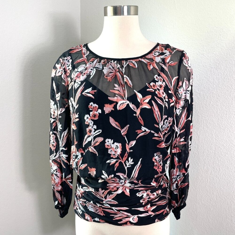 White House Black Market Womens 8 Floral Blouse Cutout Sleeve Shirt Top